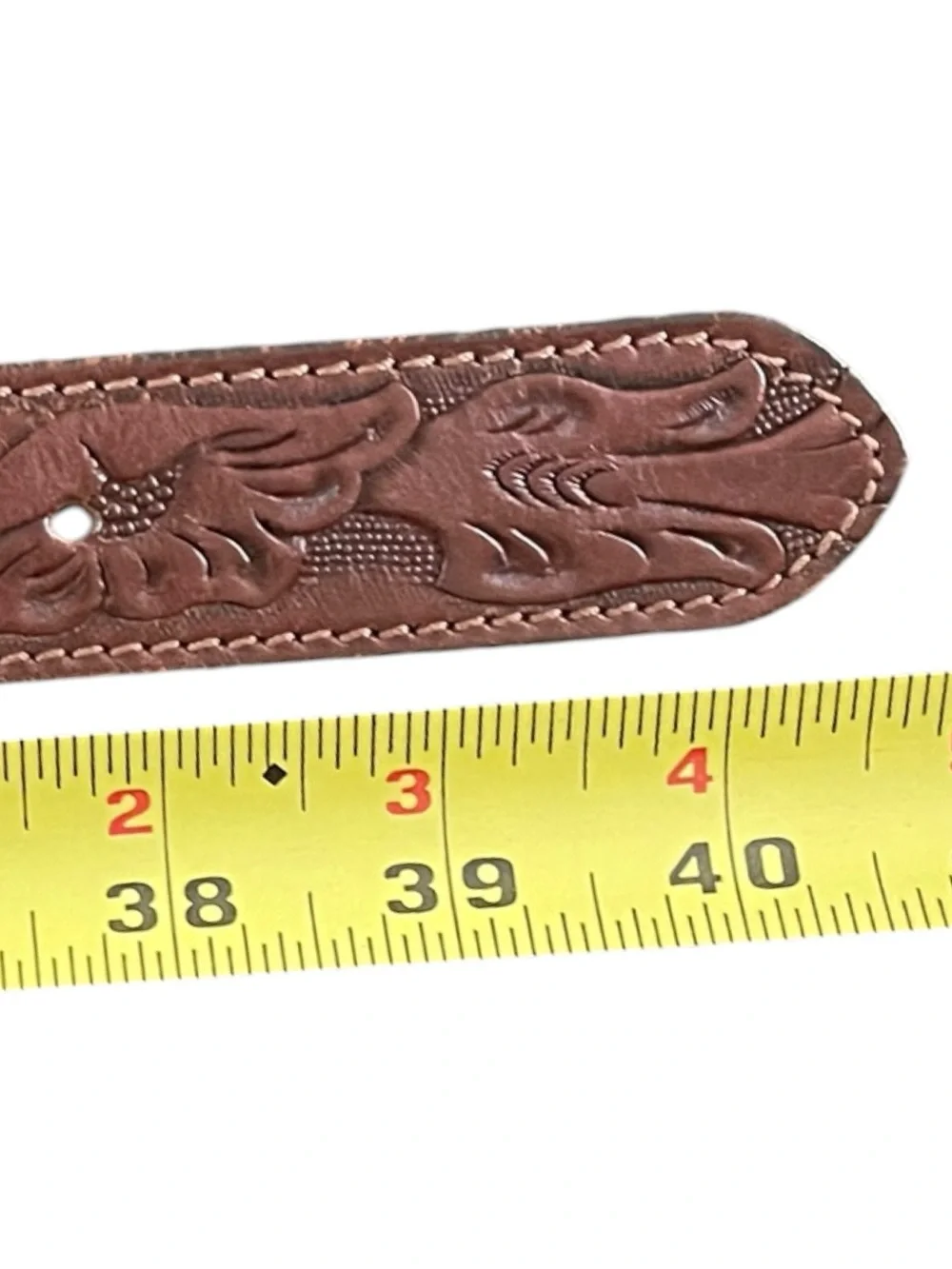 Brown Leather Floral Print Tooled Belt with Gold Finish Country Western Boho